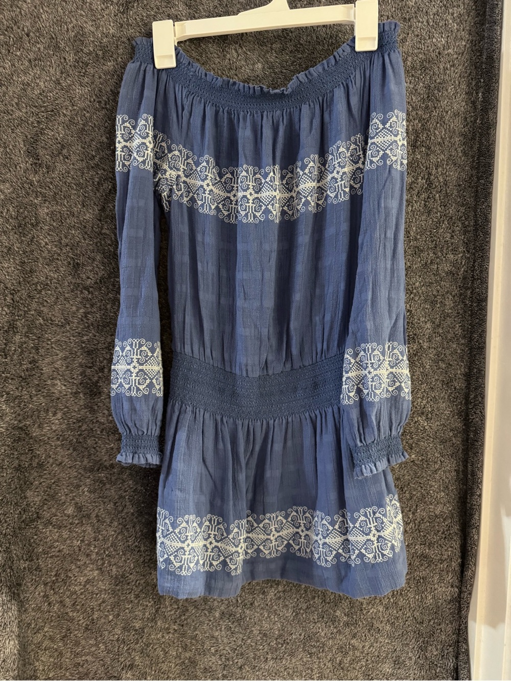Tory Burch Blue Off-Shoulder Embroidered Long-Sleeve Dress